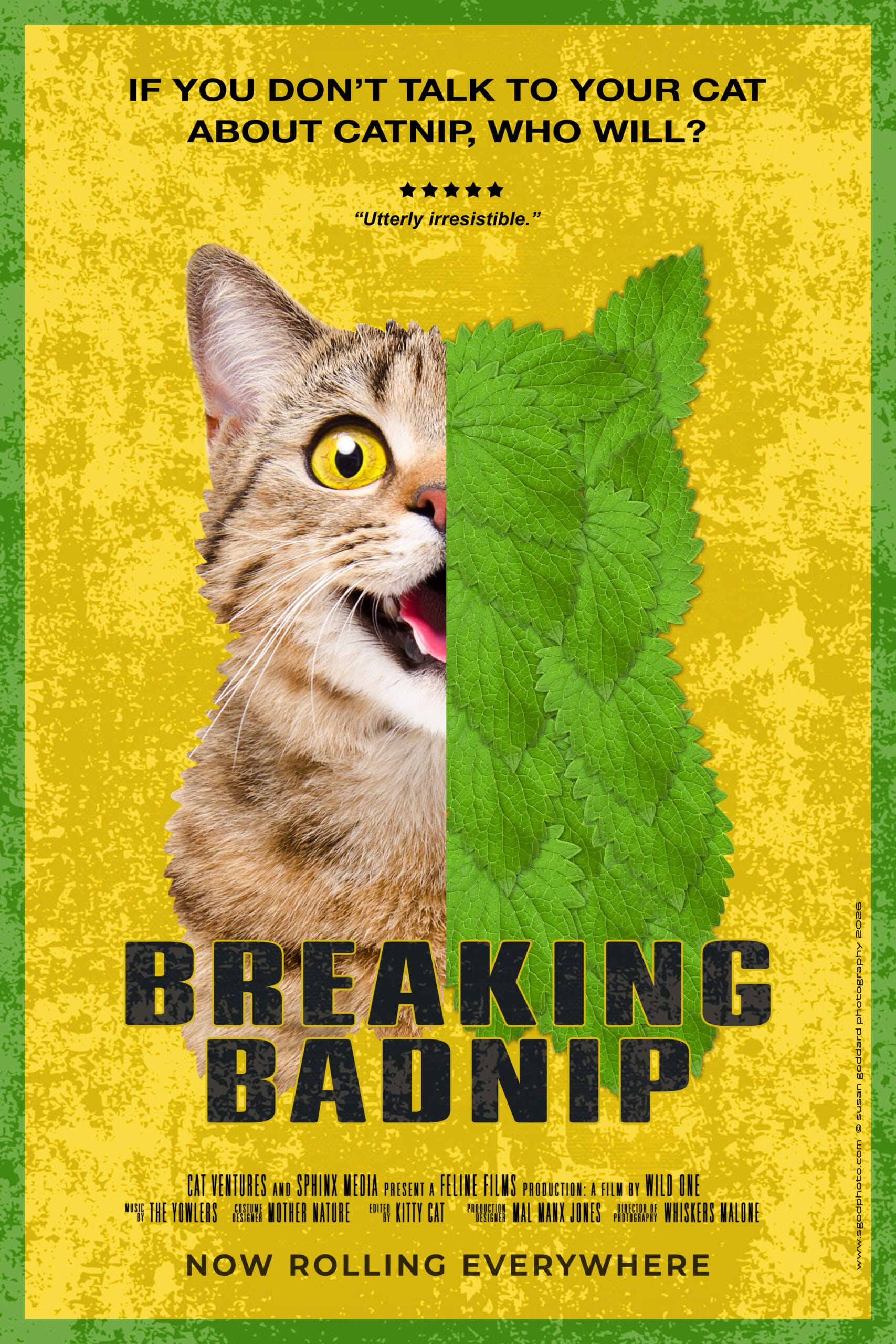 Breaking Badnip poster: half a tabby cat, half catnip leaves