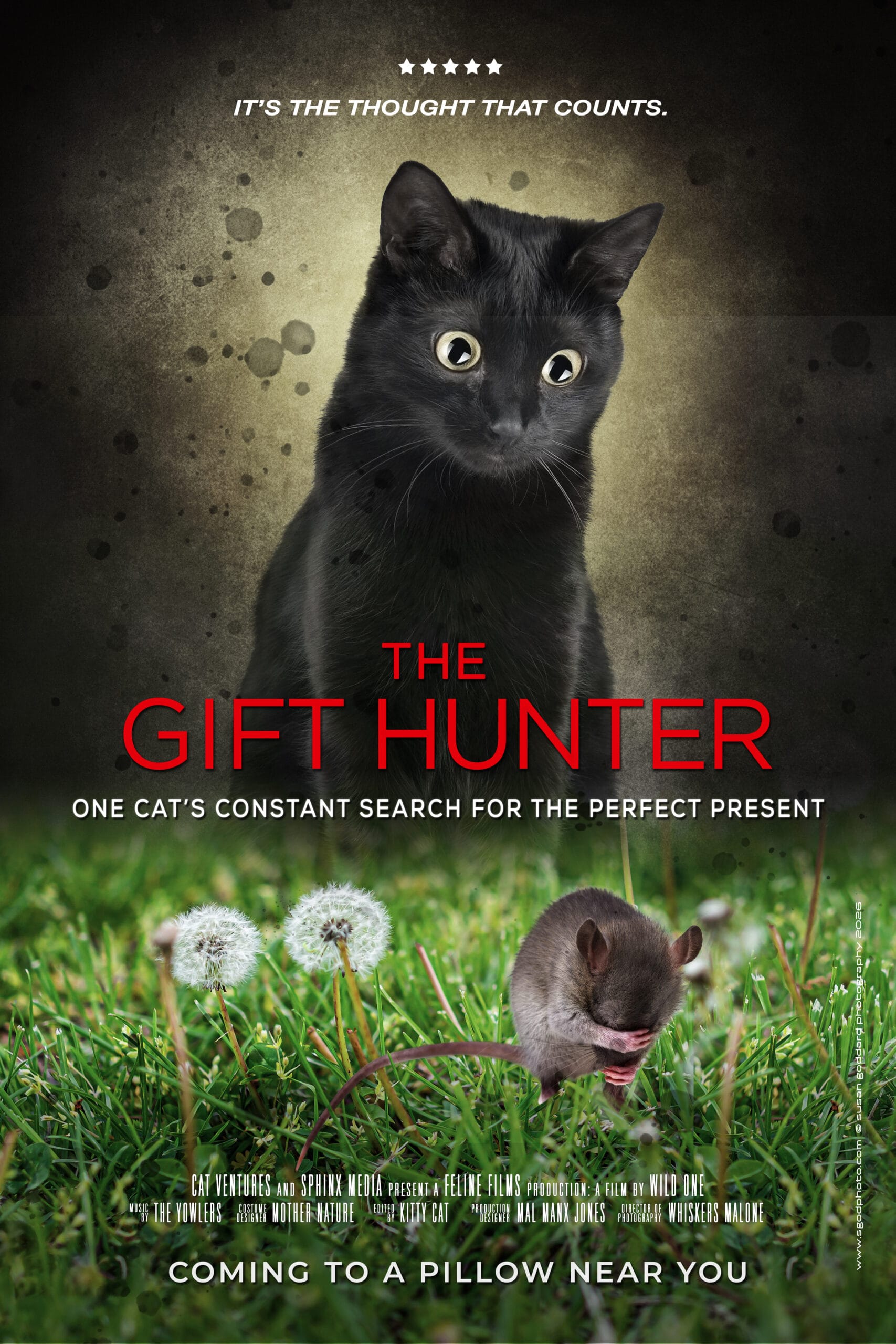 The Gift Hunter poster: a black cat eyeing a mouse