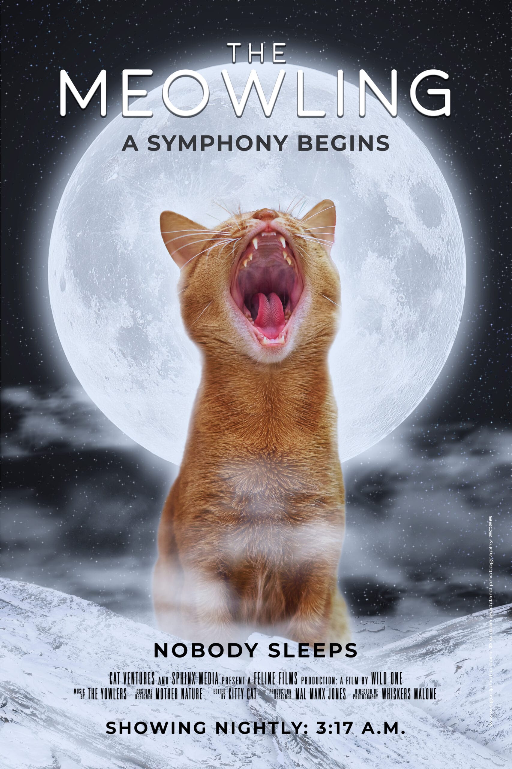 The Meowling poster: an orange cat yowling at the full moon